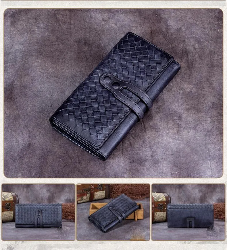 Green Vintage Womens Braided Leather Trifold Long Wallet Phone Clutch Purse for Ladies