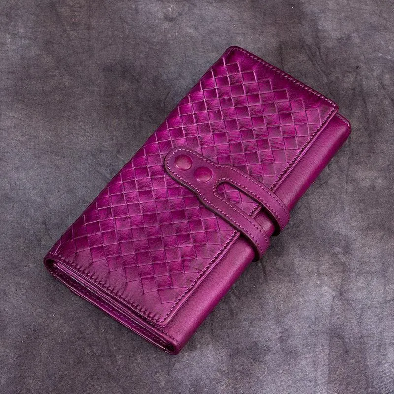 Green Vintage Womens Braided Leather Trifold Long Wallet Phone Clutch Purse for Ladies