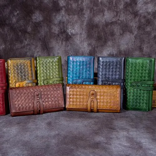 Green Vintage Womens Braided Leather Trifold Long Wallet Phone Clutch Purse for Ladies