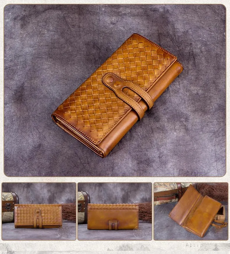 Green Vintage Womens Braided Leather Trifold Long Wallet Phone Clutch Purse for Ladies
