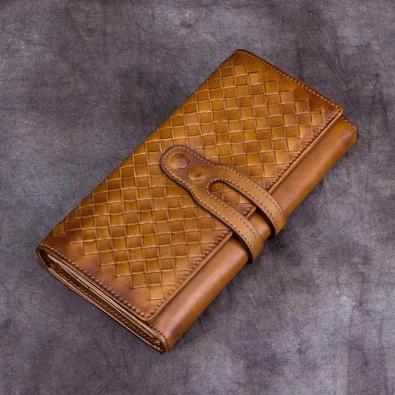 Green Vintage Womens Braided Leather Trifold Long Wallet Phone Clutch Purse for Ladies