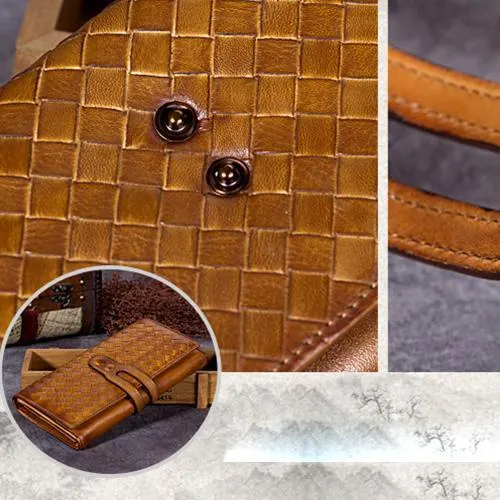 Green Vintage Womens Braided Leather Trifold Long Wallet Phone Clutch Purse for Ladies