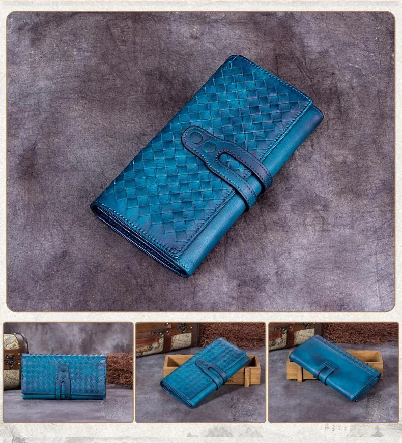 Green Vintage Womens Braided Leather Trifold Long Wallet Phone Clutch Purse for Ladies