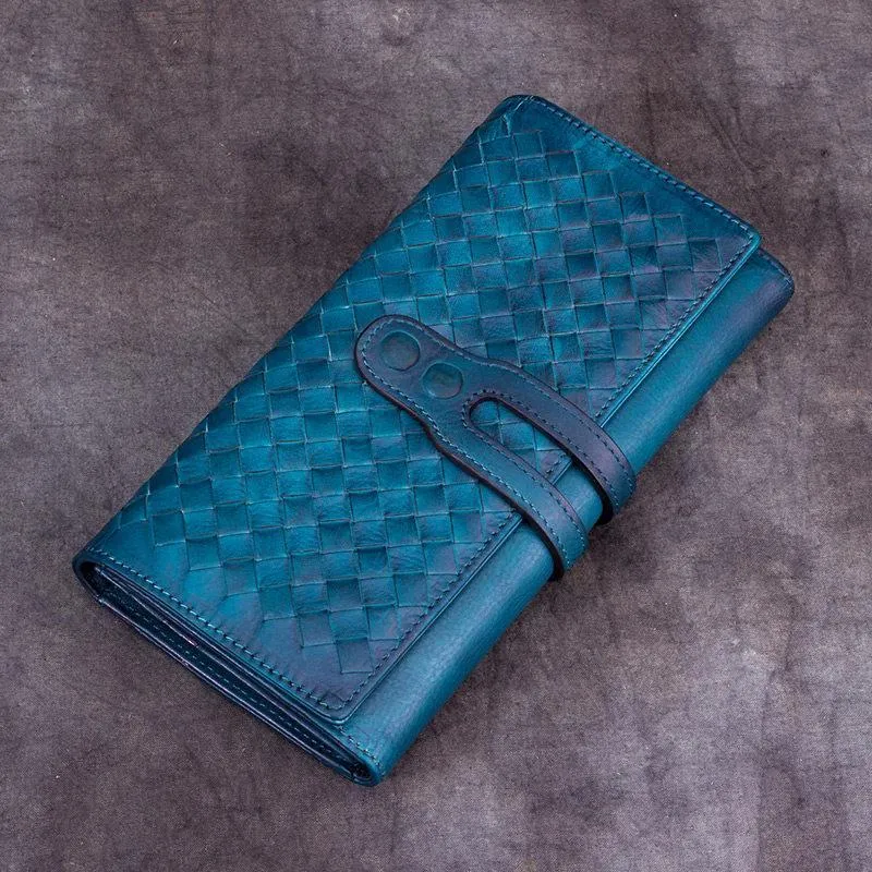 Green Vintage Womens Braided Leather Trifold Long Wallet Phone Clutch Purse for Ladies