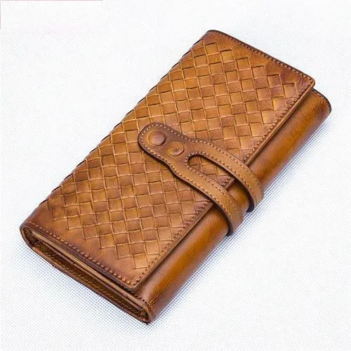 Green Vintage Womens Braided Leather Trifold Long Wallet Phone Clutch Purse for Ladies