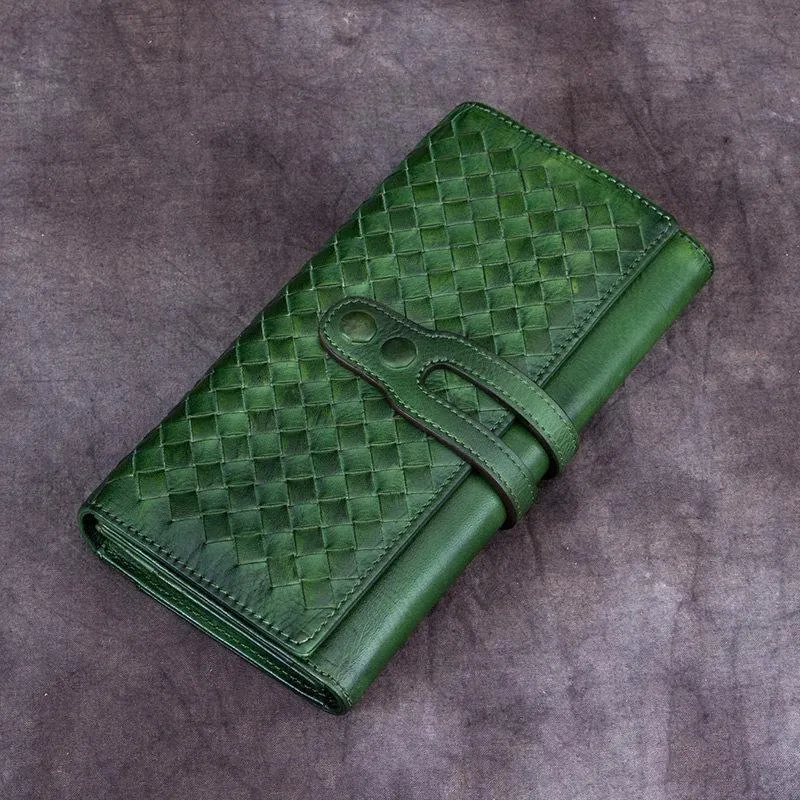 Green Vintage Womens Braided Leather Trifold Long Wallet Phone Clutch Purse for Ladies