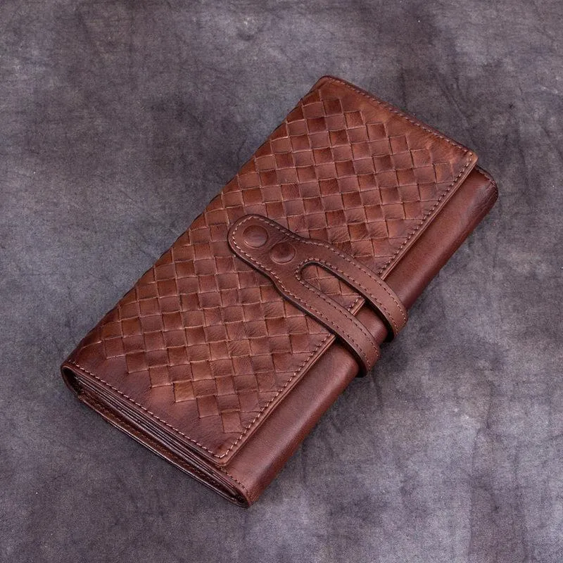 Green Vintage Womens Braided Leather Trifold Long Wallet Phone Clutch Purse for Ladies