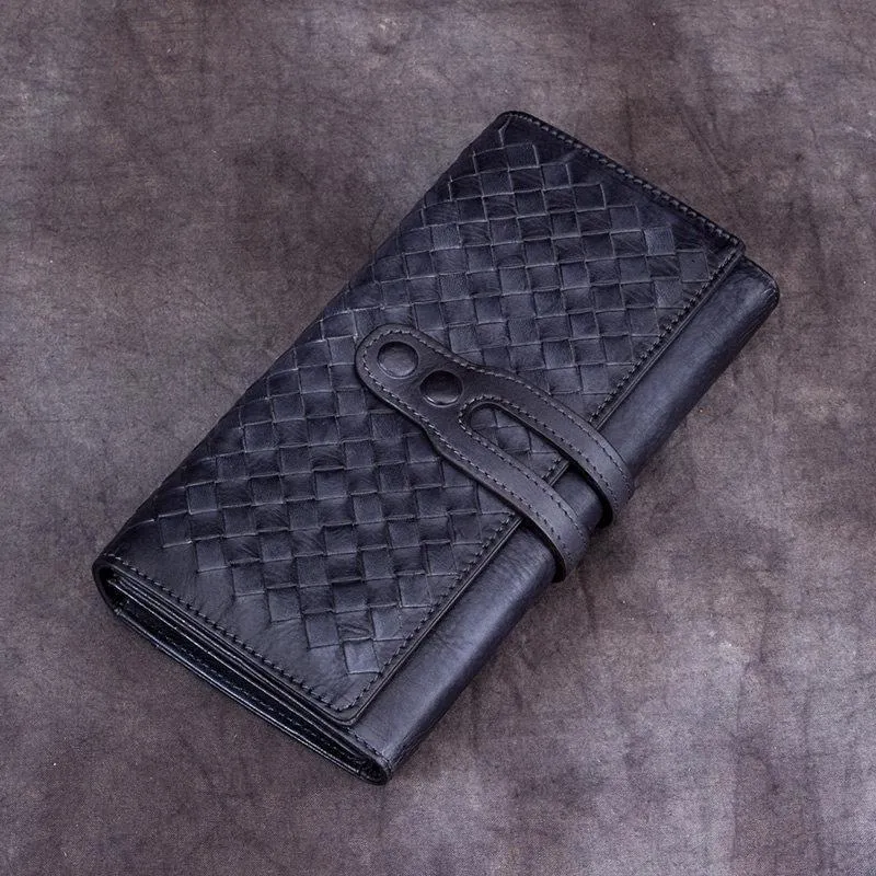 Green Vintage Womens Braided Leather Trifold Long Wallet Phone Clutch Purse for Ladies