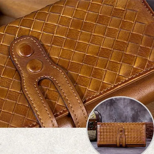 Green Vintage Womens Braided Leather Trifold Long Wallet Phone Clutch Purse for Ladies