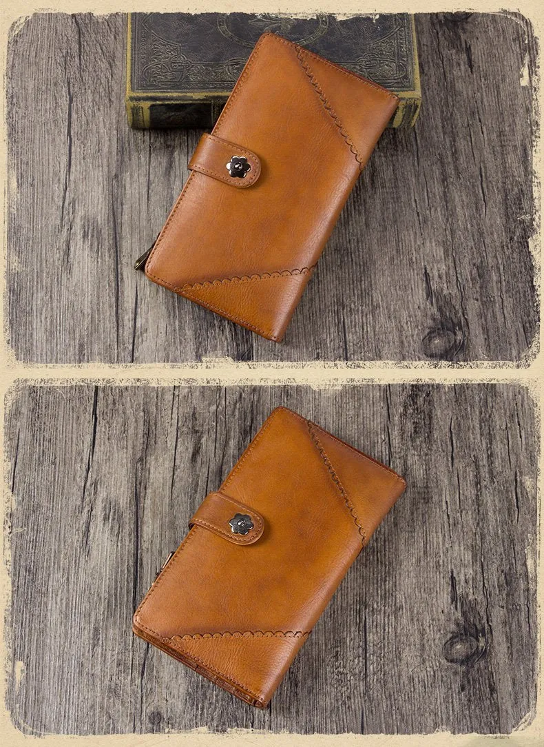 Grey Vintage Womens Leather Bifold Long Wallet Tan Phone Clutch Purse for Ladies