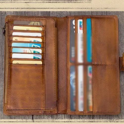 Grey Vintage Womens Leather Bifold Long Wallet Tan Phone Clutch Purse for Ladies