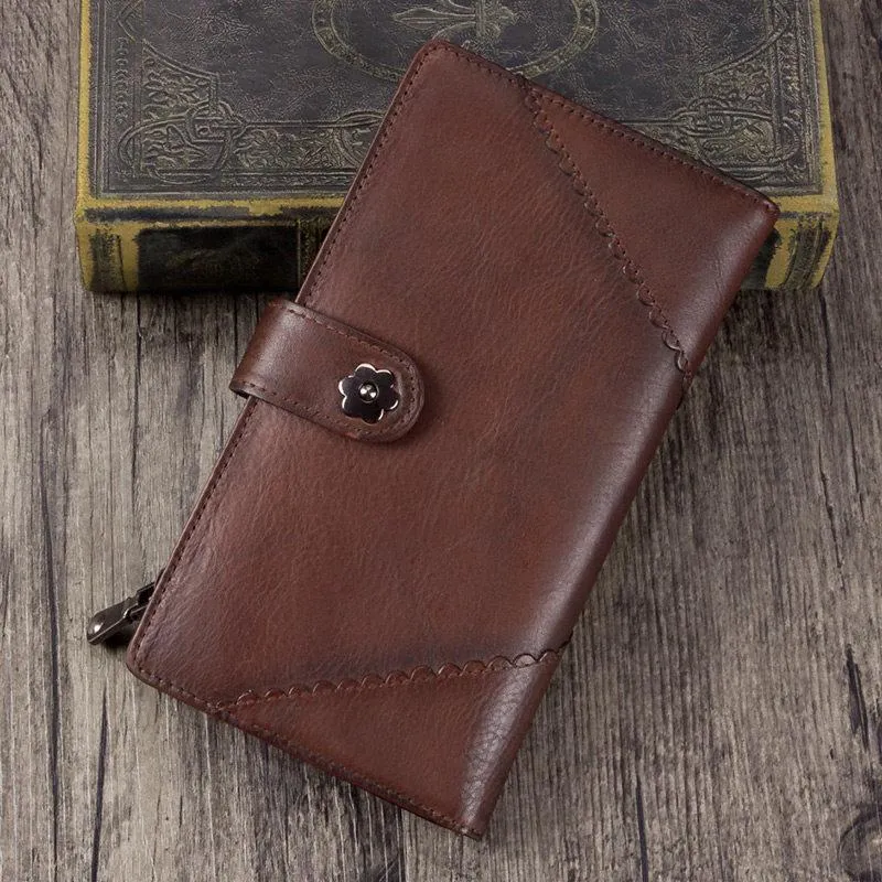 Grey Vintage Womens Leather Bifold Long Wallet Tan Phone Clutch Purse for Ladies