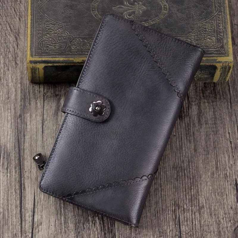 Grey Vintage Womens Leather Bifold Long Wallet Tan Phone Clutch Purse for Ladies