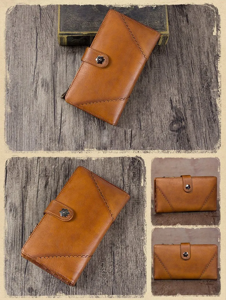 Grey Vintage Womens Leather Bifold Long Wallet Tan Phone Clutch Purse for Ladies