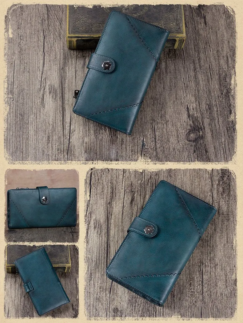 Grey Vintage Womens Leather Bifold Long Wallet Tan Phone Clutch Purse for Ladies