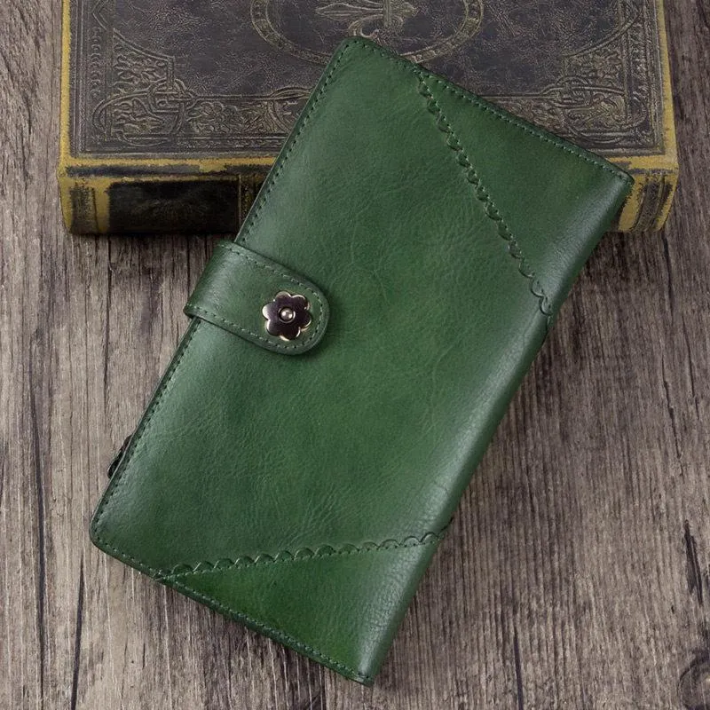 Grey Vintage Womens Leather Bifold Long Wallet Tan Phone Clutch Purse for Ladies