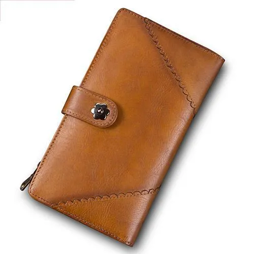 Grey Vintage Womens Leather Bifold Long Wallet Tan Phone Clutch Purse for Ladies