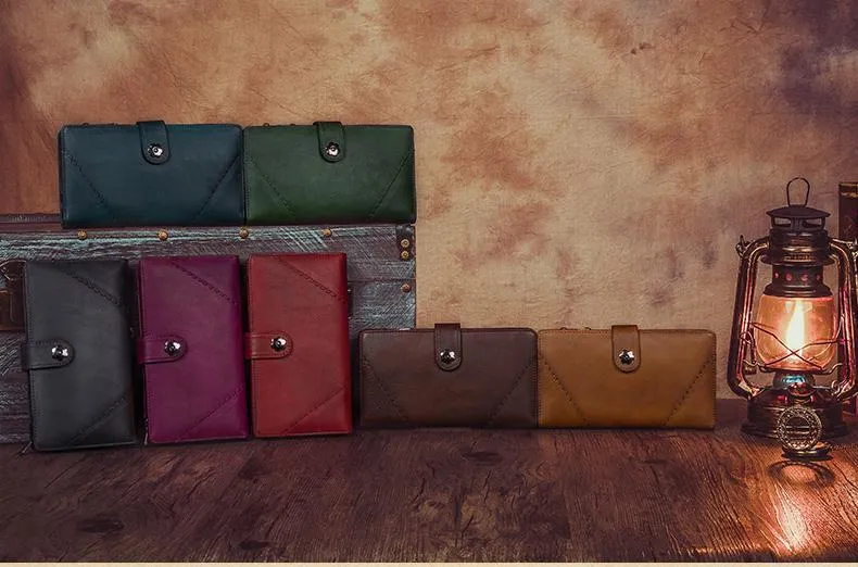 Grey Vintage Womens Leather Bifold Long Wallet Tan Phone Clutch Purse for Ladies