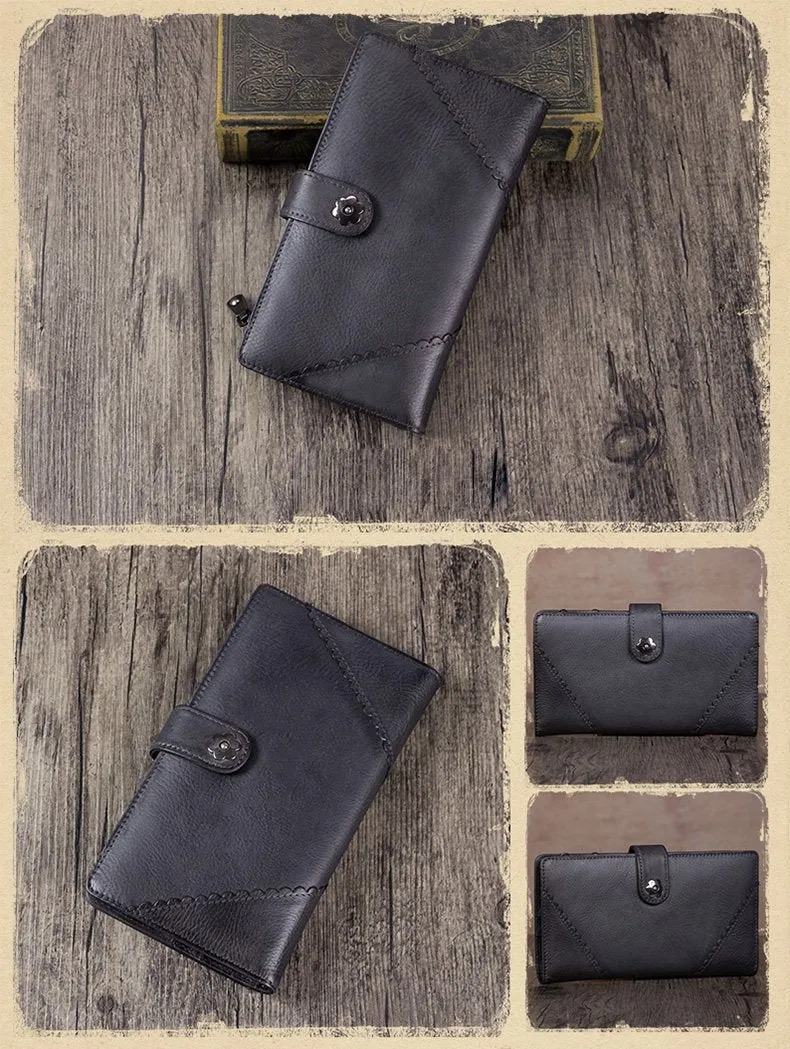 Grey Vintage Womens Leather Bifold Long Wallet Tan Phone Clutch Purse for Ladies