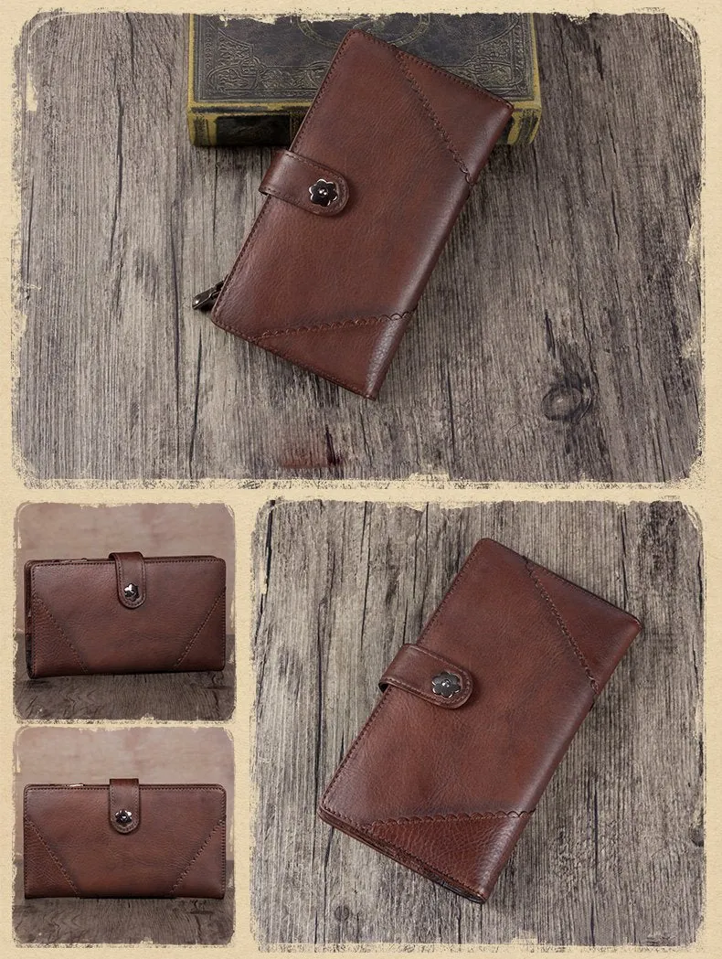 Grey Vintage Womens Leather Bifold Long Wallet Tan Phone Clutch Purse for Ladies