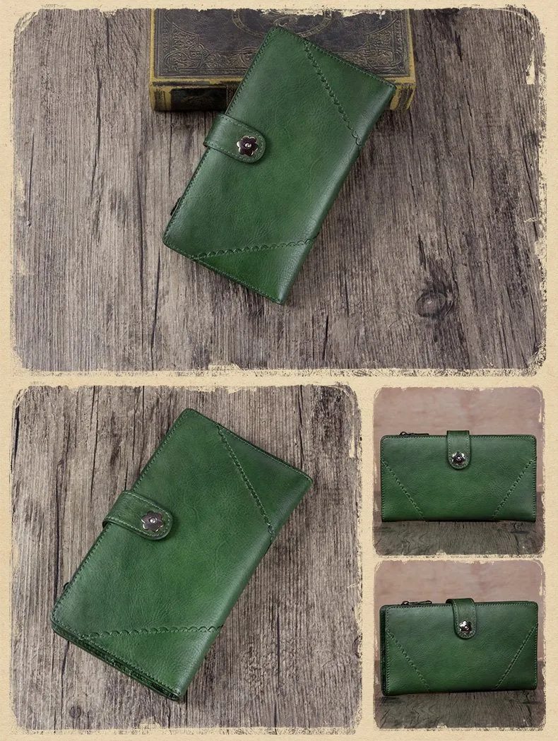 Grey Vintage Womens Leather Bifold Long Wallet Tan Phone Clutch Purse for Ladies