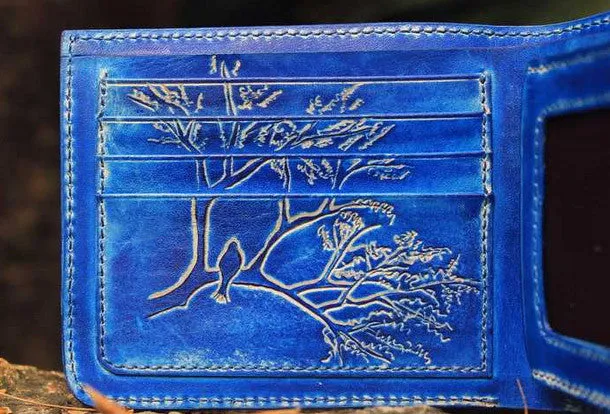 Handcraft vintage distress blue bird leather hand dyed billfold wallet for women