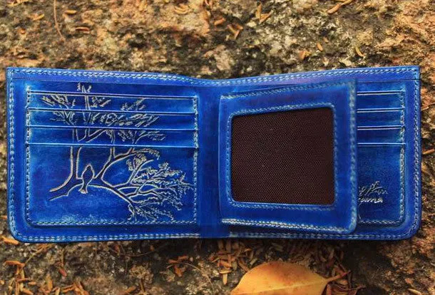Handcraft vintage distress blue bird leather hand dyed billfold wallet for women