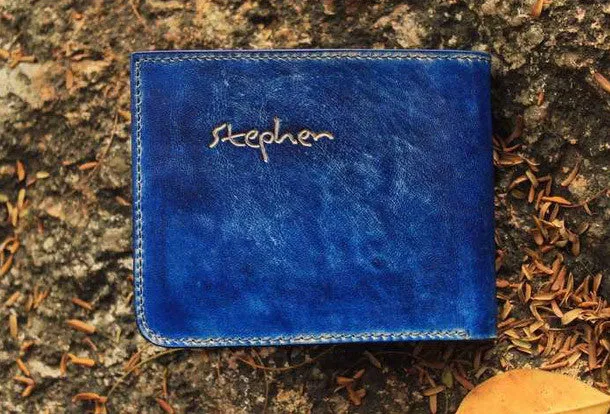 Handcraft vintage distress blue bird leather hand dyed billfold wallet for women