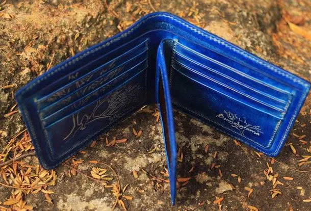 Handcraft vintage distress blue bird leather hand dyed billfold wallet for women
