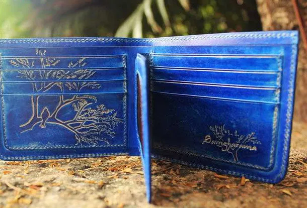 Handcraft vintage distress blue bird leather hand dyed billfold wallet for women