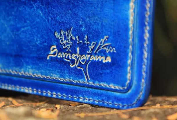 Handcraft vintage distress blue bird leather hand dyed billfold wallet for women