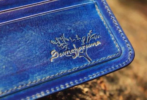Handcraft vintage distress blue bird leather hand dyed billfold wallet for women