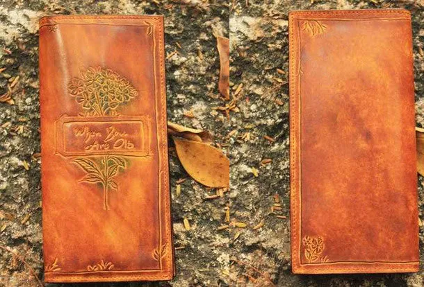 Handcraft vintage distress floral leather hand dyed long wallet for women girl lady