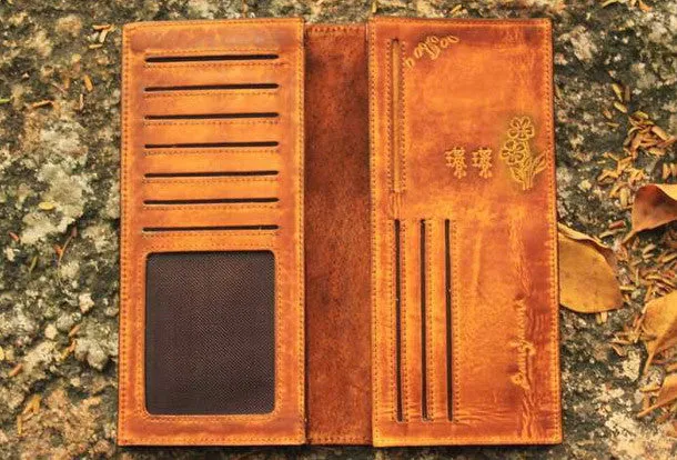 Handcraft vintage distress floral leather hand dyed long wallet for women girl lady