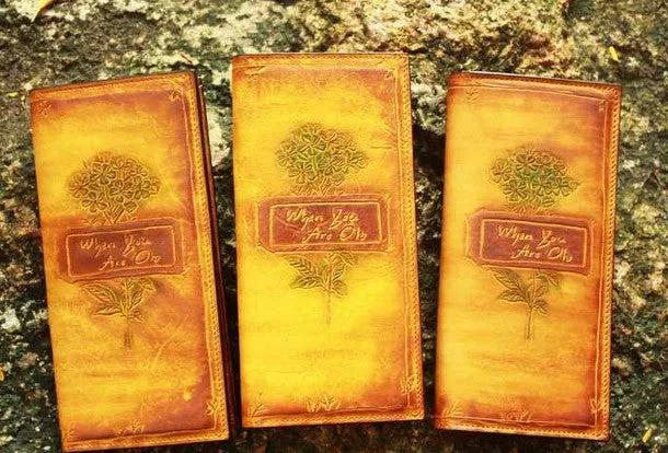 Handcraft vintage distress floral leather hand dyed long wallet for women girl lady