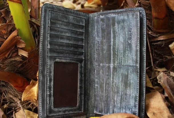 Handcraft vintage distress raining leather hand dyed long wallet for men/women