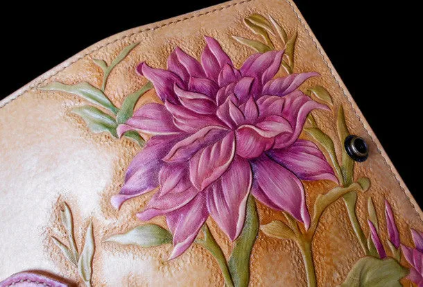 Handcraft vintage hand painting Dahlia pinnata leather long wallet for women