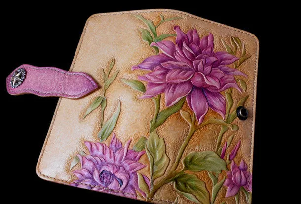 Handcraft vintage hand painting Dahlia pinnata leather long wallet for women