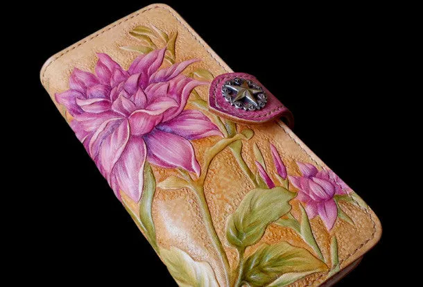 Handcraft vintage hand painting Dahlia pinnata leather long wallet for women