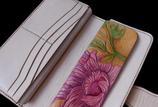 Handcraft vintage hand painting Dahlia pinnata leather long wallet for women