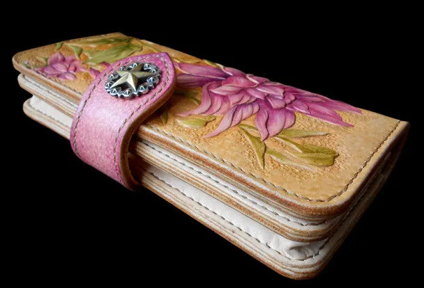 Handcraft vintage hand painting Dahlia pinnata leather long wallet for women