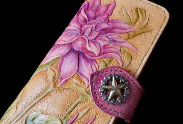 Handcraft vintage hand painting Dahlia pinnata leather long wallet for women