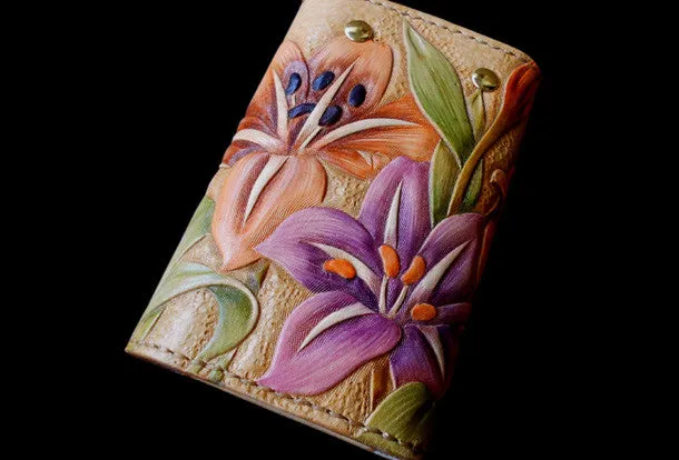 Handcraft vintage hand painting lily leather long/keys wallet for women