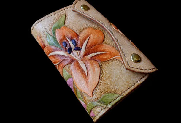 Handcraft vintage hand painting lily leather long/keys wallet for women