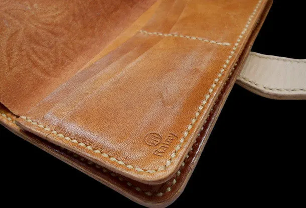 Handcraft vintage hand painting lotus flower leather long wallet for women