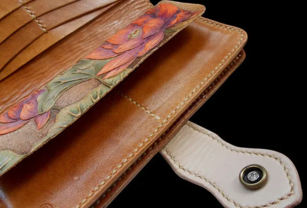 Handcraft vintage hand painting lotus flower leather long wallet for women