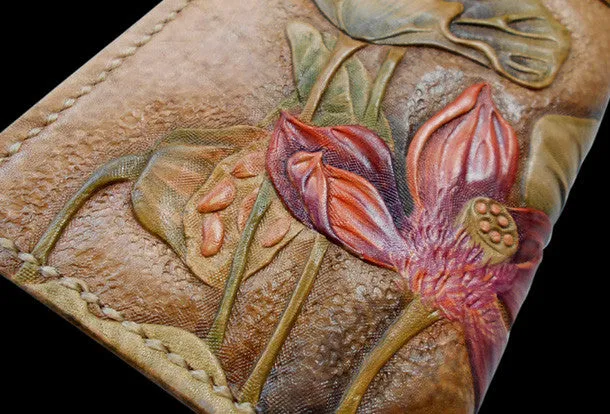 Handcraft vintage hand painting lotus flower leather long wallet for women