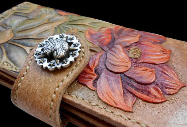 Handcraft vintage hand painting lotus flower leather long wallet for women