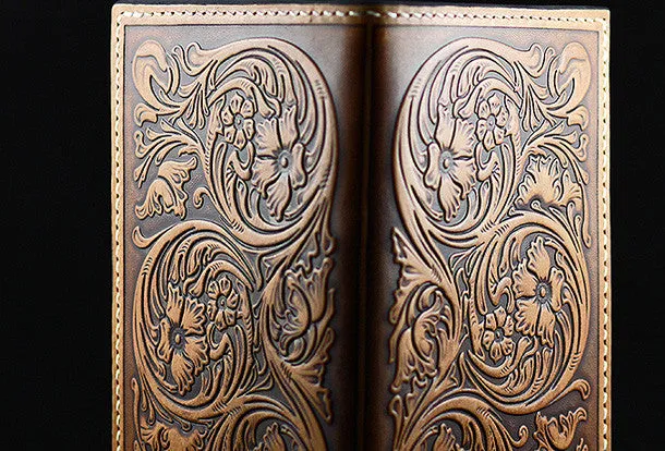 Handmad eleather men wallet floral carved leather custom long wallet w/card holders for men/women