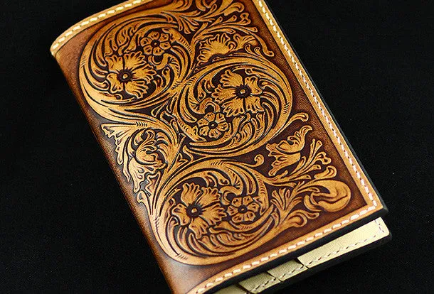 Handmad eleather men wallet floral carved leather custom long wallet w/card holders for men/women